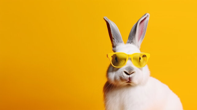 Cool bunny with sunglasses on colorful background. Generative AI