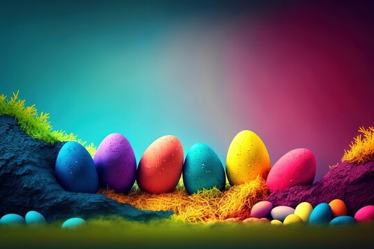 bright and colorful easter eggs on a clean colorful background, generative ai