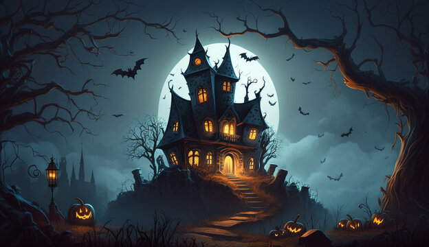 Halloween night with a spooky house and bats, halloween background.