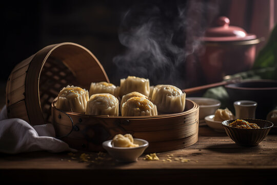 Close up photographic dim sum in a bamboo steamer, Chinese cuisine, generative AI