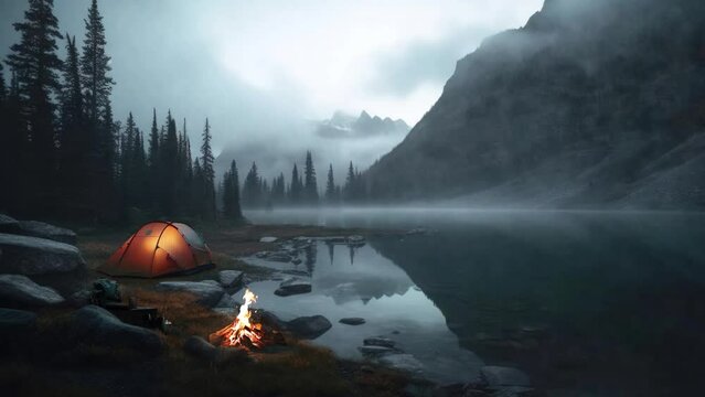 Beautiful nature with fog, comfortable backpacking and camping scenery with bonfires and tents in mountains and valley lakes in deep forests, and wood fires burning in an emotional atmosphere
