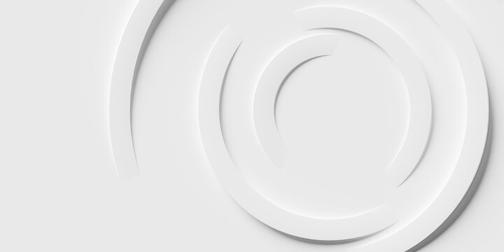 Concentric random rotated white rings or circles background wallpaper banner flat lay top view from above with copy space