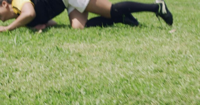 Rugby, sports and a woman scoring a try on a field during a game for competition or physical challenge. Fitness, exercise and running with a female athlete jumping to score a point to win the match