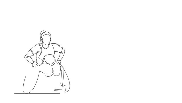 Animated self drawing of single line draw disabled sportswoman play rugby on wheelchair sport. Rugby player in wheelchair. Athlete with physical disorder. Continuous line draw. Full length animated