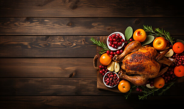 Thanksgiving dinner background concept with turkey roasted and all sides dishes, fall leaves, pumpkin and seasonal autumnal decor on dark background, top view, copy space. Wooden background