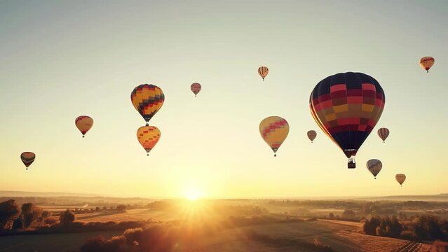 Slow motion of a hot air balloon flight, mountain peaks background with sky.