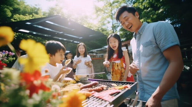 a photo of a asian chinese family and friends having a picnic barbeque grill in the garden. having fun eating and enjoying time. sunny day in the summer. for an ad. Generative AI