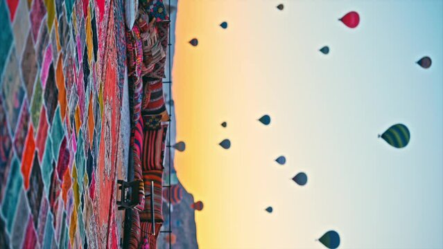 Turkish rugs overlooking the captivating Cappadocia horizon and  fiery hot air balloons at the background in sunrise.
A stylish rooftop terrace in Cappadocia. Vertical view, 8K