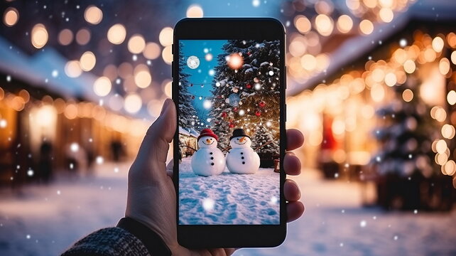 phone in man hand making photo of festive colorful Christmas tree and snowman in winter snowy city  in town hall square 