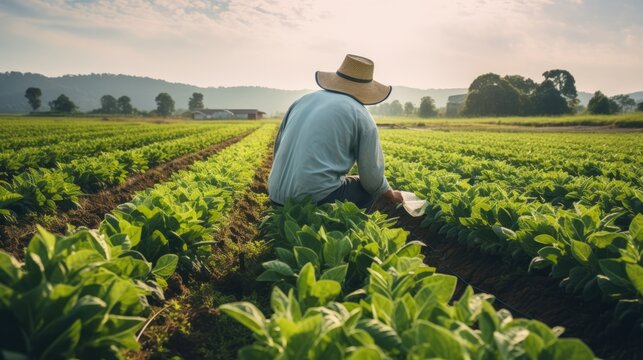 Sustainable agriculture. A farmer in a field. AI generative.