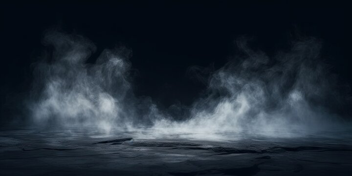 Mystical mist. Swirling smoke in dark and light symphony. Fluid fantasia. Abstract dance of fog and light on floor with black background