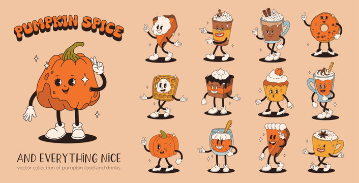 Funny Retro cartoon Pumpkin Character in groovy 50s, 60s, 70s Vintage Style. Happy Autumn mascot with pumpkin spice latte, pumpkin pie, pudding, cake, cupcake, waffles, donut and coffee.