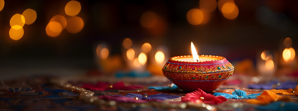 Oil lamp decoration in happy Diwali festival.