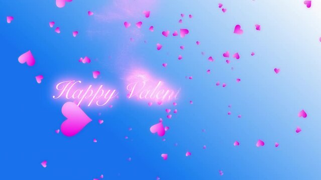 Pink heart shapes falling from blue sky background while Happy Valentine’s day text appearing with glowing pink particles.