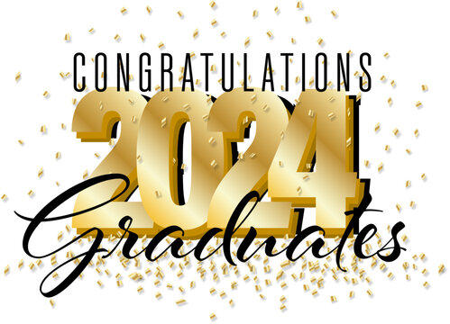 Congratulations 2024 Graduation Celebration with Party Fun Celebration Confetti in Gold on an Isolated Transparent Background for Invitations, T-shirts, Mugs