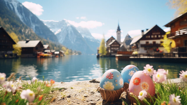 Easter holiday time in Hallstatt Village background in paper art and craft design concept. Created using generative AI.