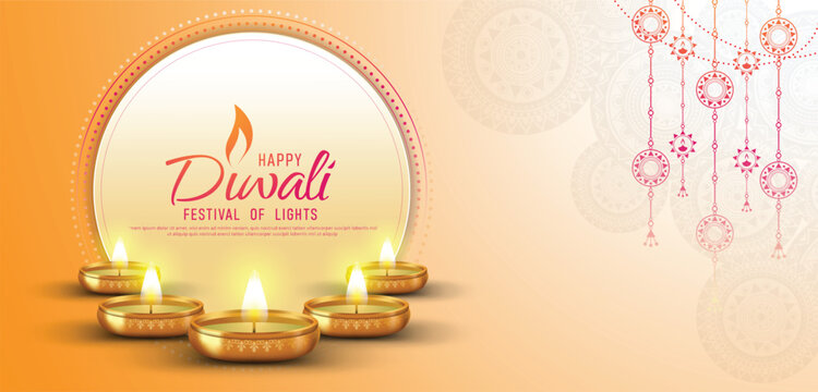 Happy Diwali - festival of lights colorful banner template design with decorative diya lamp.