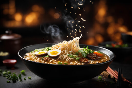 Japanese soup ramen in bowl on dark background. Commercial promotional food photo