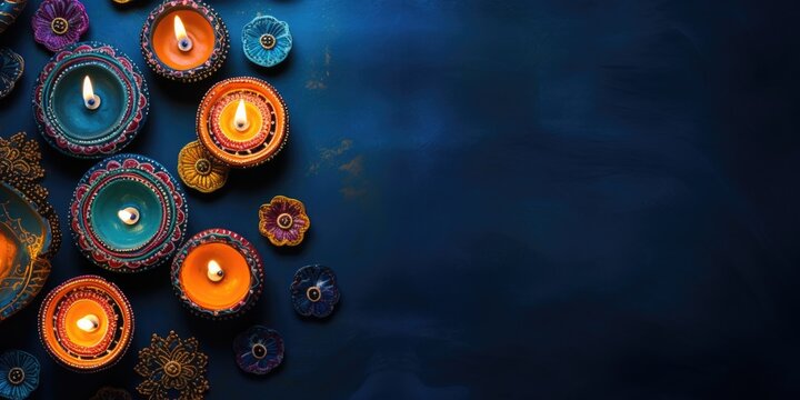  Diwali celebration Indian festival of lights Diya oil lamp and colors Rangoli decoration bright colorful flowers flowerbed, copy space, greetings Deepavali Hindu festival India., generative ai