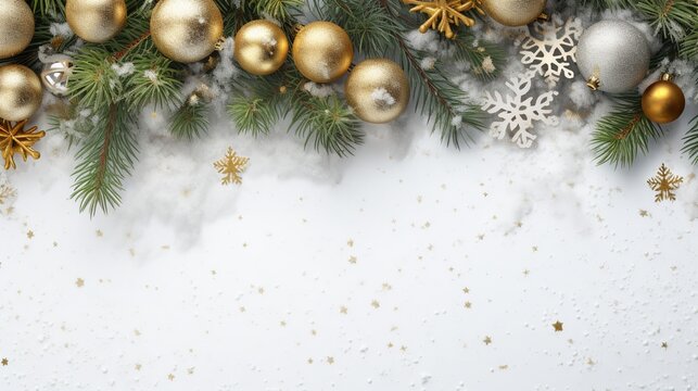 A Winter Theme Banner Background: top view photo of a winter or christmas themed banner background with a border of green fir branches and branches