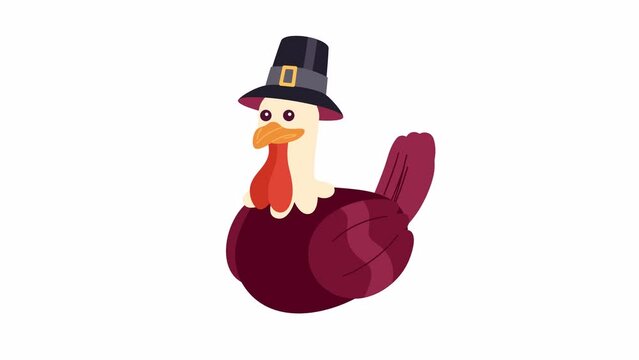 Pilgrim turkey blinking 2D character animation. Poultry bird wearing flat topped hat flat cartoon 4K video, transparent alpha channel. Thanksgiving. Capotain turkey animated animal on white background