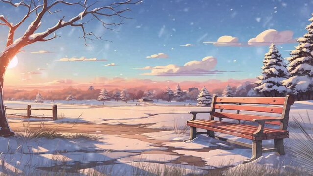 Winter scenery. winter park. benches in a city park with beautiful winter view. snowing. Nature scene in sunset. Cartoon or anime illustration video style background