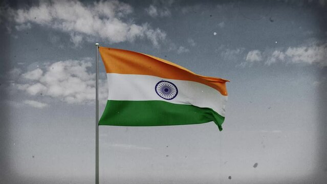 India flag waving on sky background with vintage color film and retro effect. Digital 3D animation for video content, social media, reels etc. High quality 4K resolution.