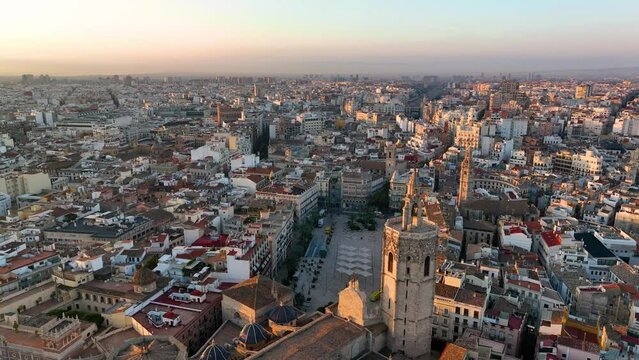 4k view of Valencia, Spain. aerial footage the Miguelet Bell Tower and Cathedral.