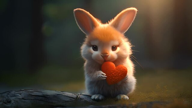 Cute fluffy rabbit hugging red heart. Valentine's Day greetings from romantic bunny holding heart. Generative AI