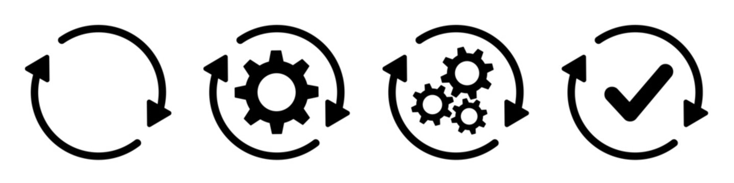 Sync process, icon reload set, circle arrow with gear wheel, recycling recurrence, renewal sync processing icons - stock vector