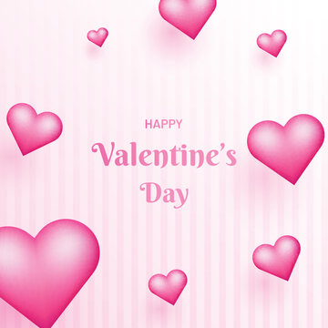 Happy Valentine's Day Greeting Card Design with Glossy Heart Shapes on Pastel Pink Stripes Background.