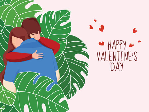 Cartoon Young Couple Hugging Against Green Tropical Leaves for Happy Valentine's Day Celebration Concept.