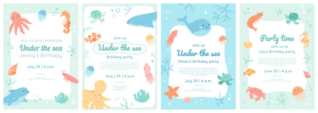 Set of under the sea birthday invitations templates. Kids party banner design with border of cute ocean animals, fish, dolphin, shrimp, octopus. Cartoon characters frame. Vector illustration.