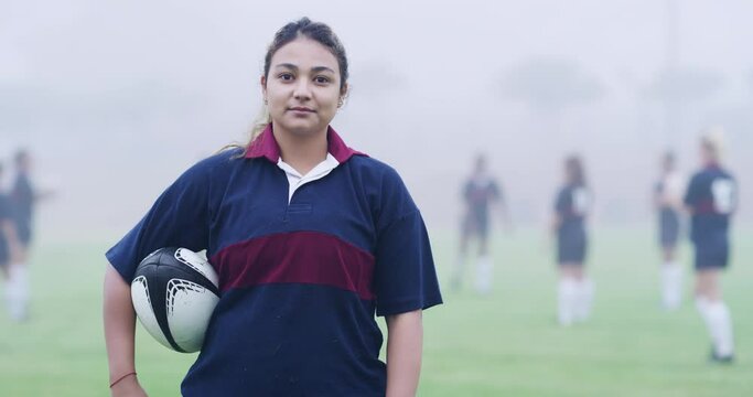 Rugby, sports and woman or face, game and leader or ready for training in outdoor field. Athlete, exercise and practice for competition or match, confidence and fitness or pride for club in portrait