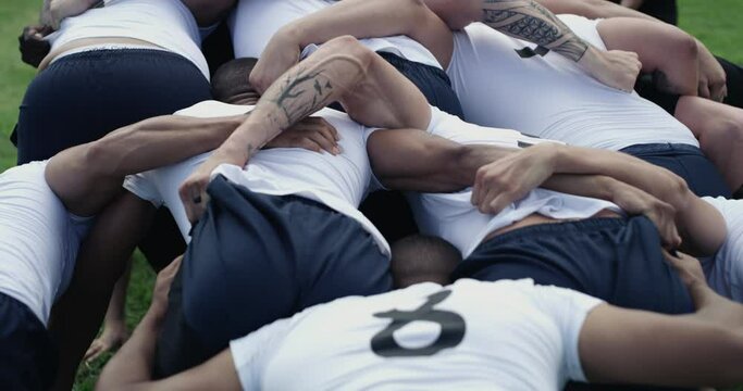 Group, rugby men and scrum on field, contest and power for territory, sports or grass with support. Team back, push and huddle for ball, game or competition at stadium, park or outdoor for tournament