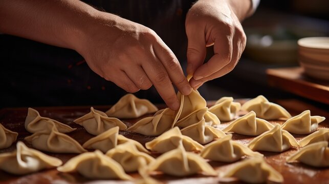 hands skillfully folding traditional chinese dumplings generative ai