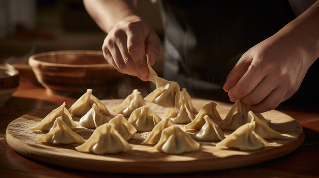 hands skillfully folding traditional chinese dumplings generative ai