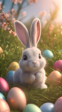 Cute white Easter bunny with colorful eggs