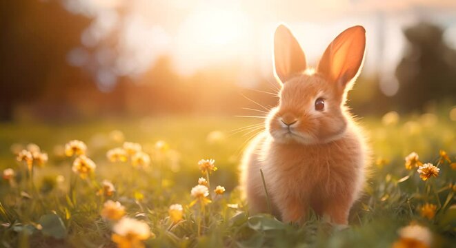 A cute brown rabbit in a sunny field with dandelions.