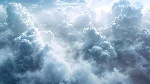 Above white clouds. Flying through heavenly beautiful sunny cloudscape. Amazing timelapse of white fluffy clouds moving softly on the sky and the sun shining above the clouds with beautiful rays and l