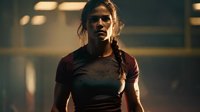 A South American female rugby player standing motionless in front of a blurred checkered backdrop of a rugby pitch.