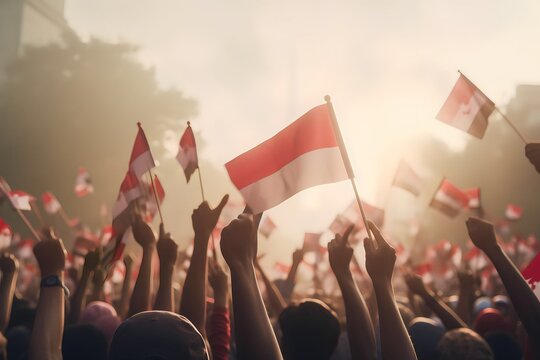 A group of people holding small flags of the indonesia in their hands