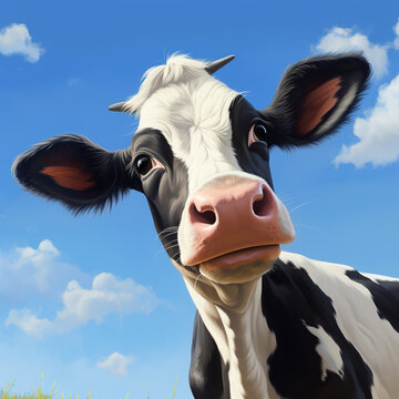 Close up cow on blue sky background