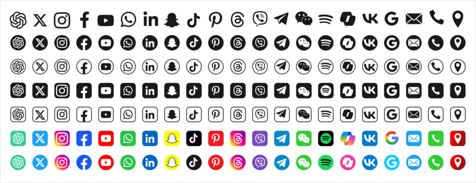 Social media network logo icon button vector set 2024. Instagram Facebook X TikTok WhatsApp LinkedIn YouTube Threads Spotify Google VK Phone call Email map pin Chatgpt Microsoft copilot