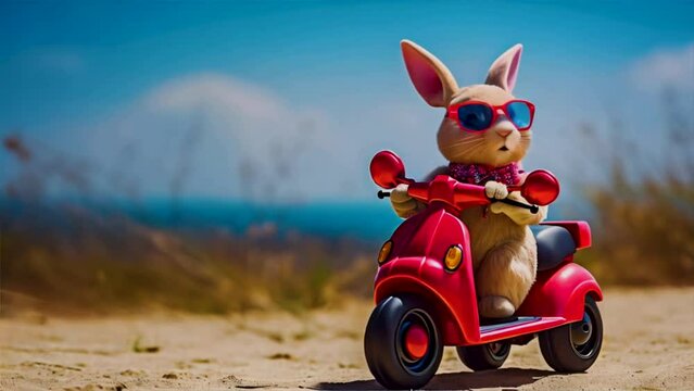  Cute bunny riding scooter 4k animation.