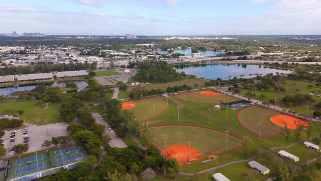 Sports fields at Tropical Park Miami. 4k aerial drone video 2024