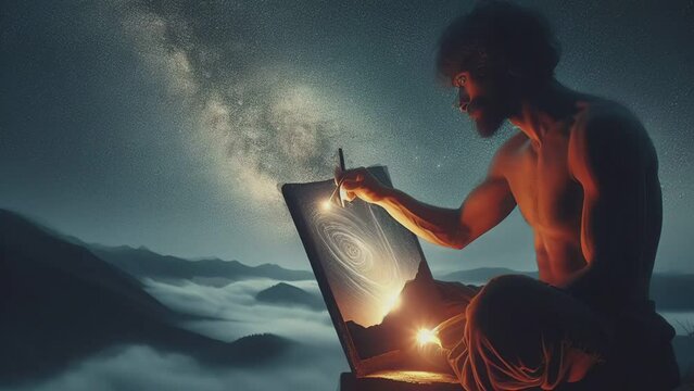 Man painting the nebula on the canvas at the night with stary sky in HD 1080p Footage 