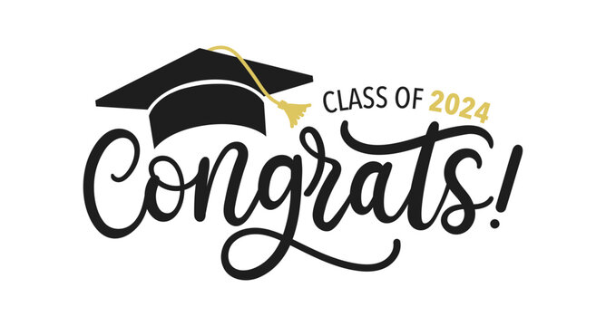 Congratulations graduates vector illustration. Class of 2024 trendy design template with graduation cap and lettering isolated on white background. Grad ceremony hand drawn typography concept.