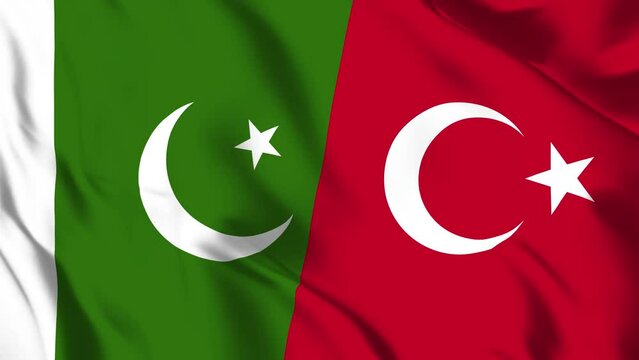 Pakistan and Turkey Flag waving in loop and seamless animation. Turkey vs Pakistani Flag background. Turkey and Pakistan Flag for relation, political or military conflict, Peace, Unity, and economy.