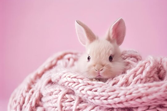 A small, adorable bunny with soft fur peeking out of a pink knitted blanket on a pink background.